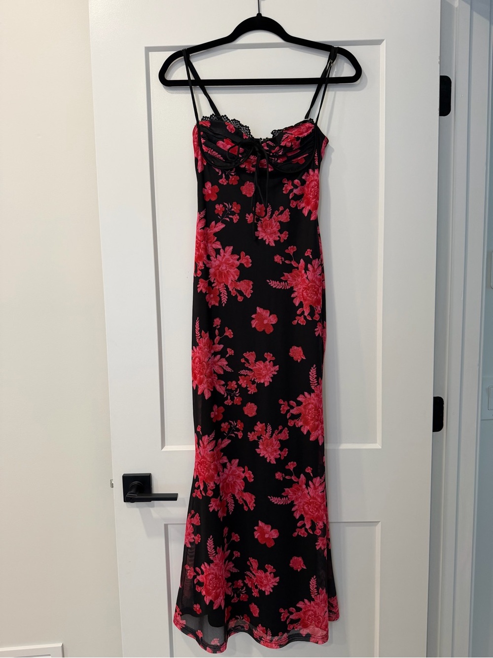 Black Slip Dress with Red Floral Print